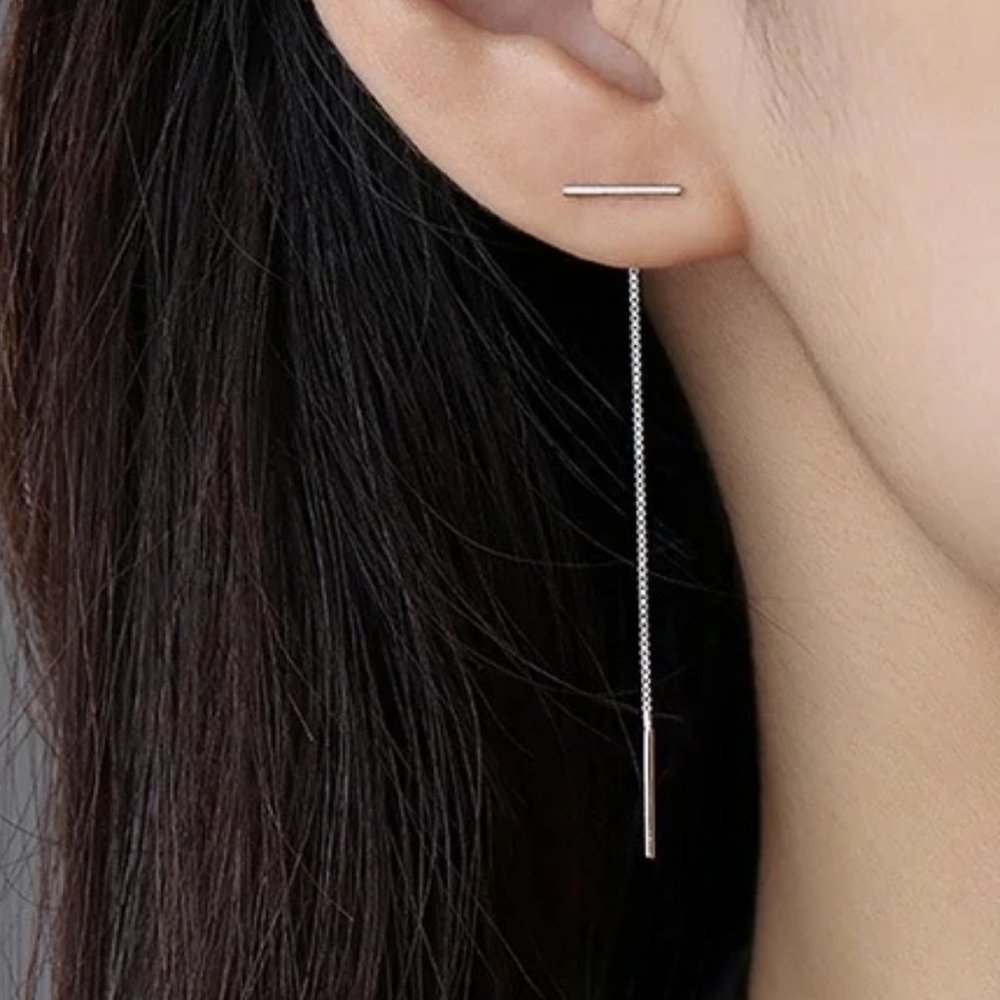 *NEW 925 Sterling Silver Bar Chain Drop Earrings